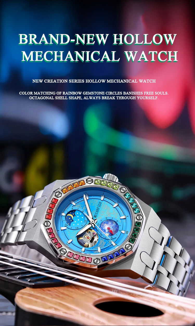 Men\'s Automatic Watch, Waterproof Watch, Rhinestone, Super Luminous Sun, Moon and Stars, Dial, Skeleton, Men\'s Gift Watch