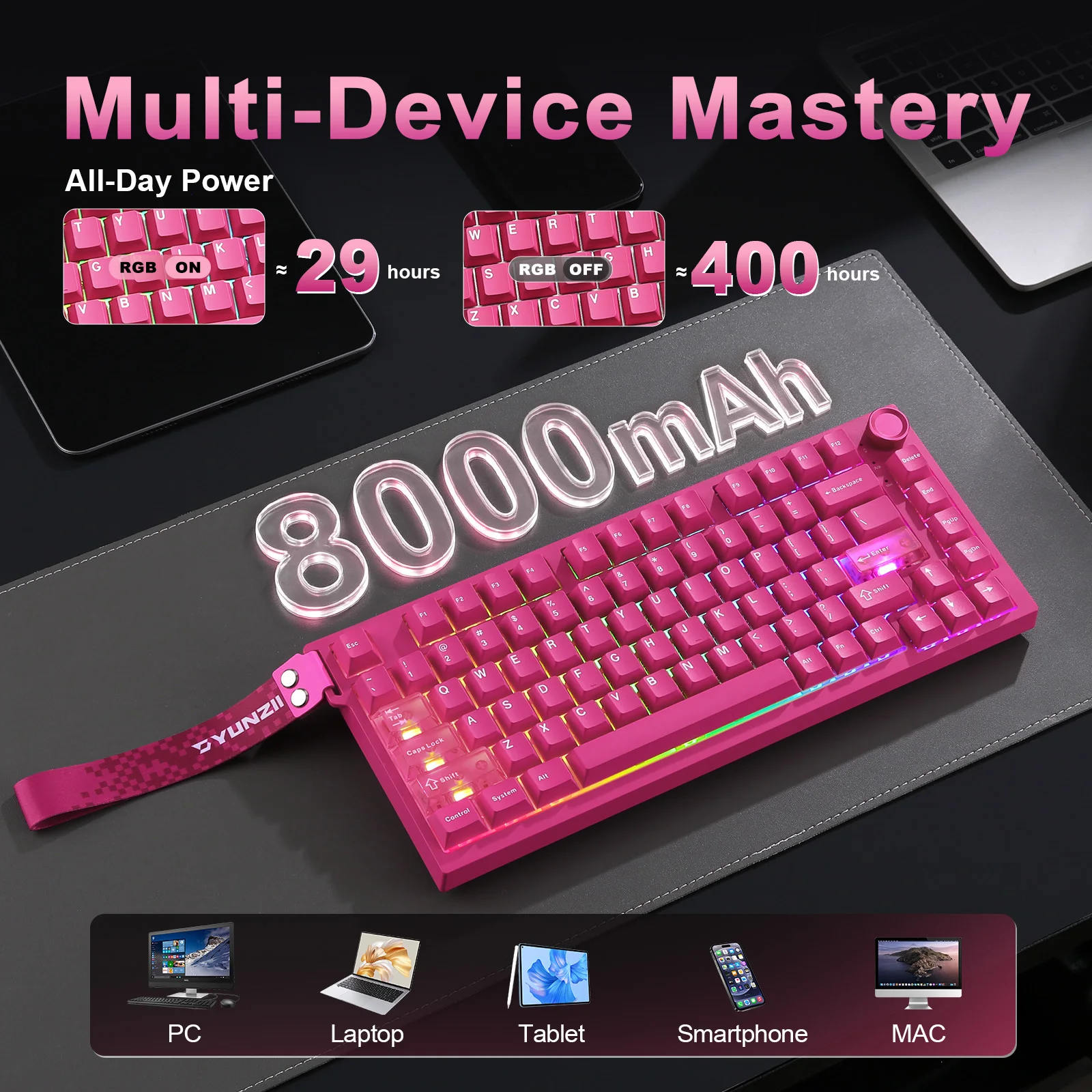 YUNZII RT75 PRO 듀얼 8K 무선 게이밍 키보드, 빠른 트리거 기계식 홀 효과 자기 키보드, RGB 커스텀 SOCD/DKS