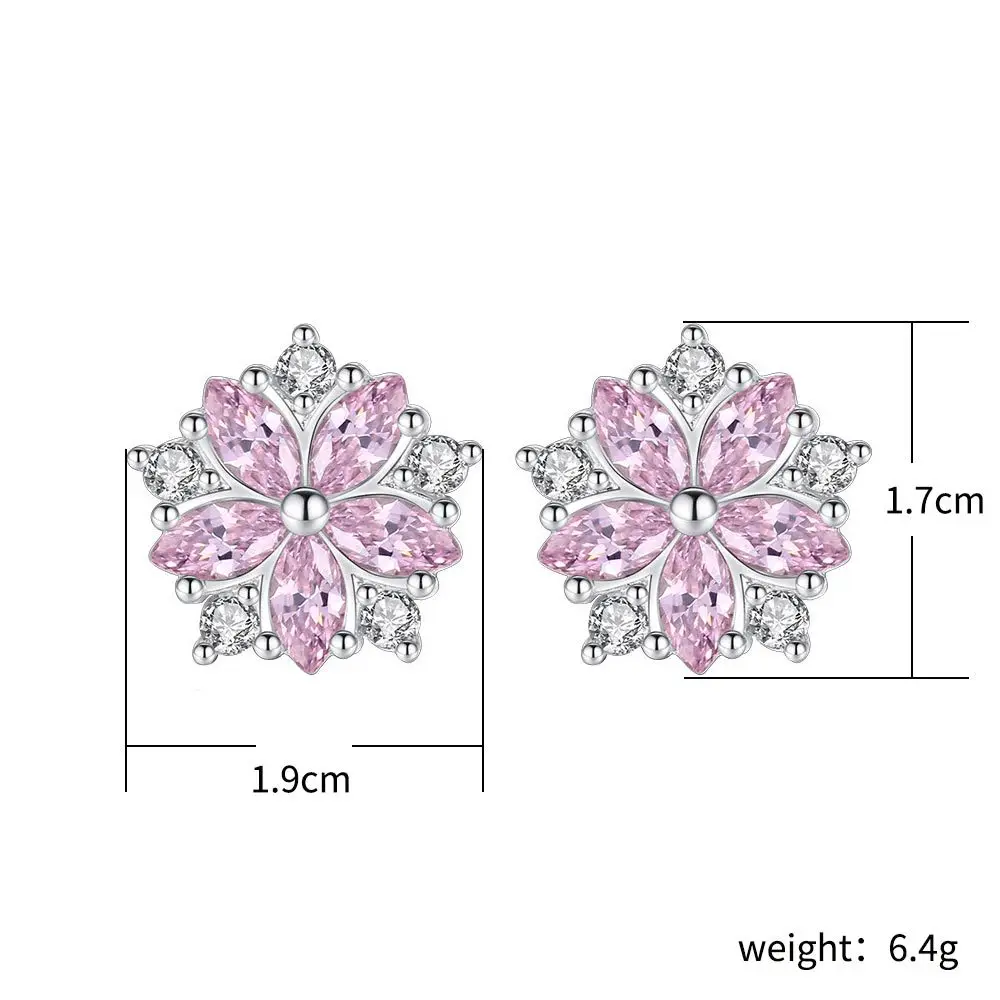 Pink Cherry Flower Blossoms Flower Crystal Stud Earrings Silver Color Ear Studs Women\'s Fine Jewelry Mother\'s day Birthday Gift