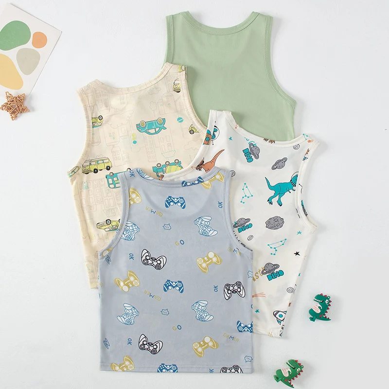 4 Pcs Children\'s Four Seasons Cute Printed Vest Boy Casual Joker T-shirt Girl Fashion Bottoming T-shirt Multicolor Combination