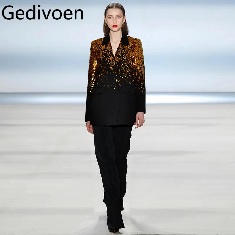 Gedivoen Fashion Design Women's Suit Long Sleeved Double-breasted Sequins Tops+Straight leg pants Autumn and Winter 2 piece set