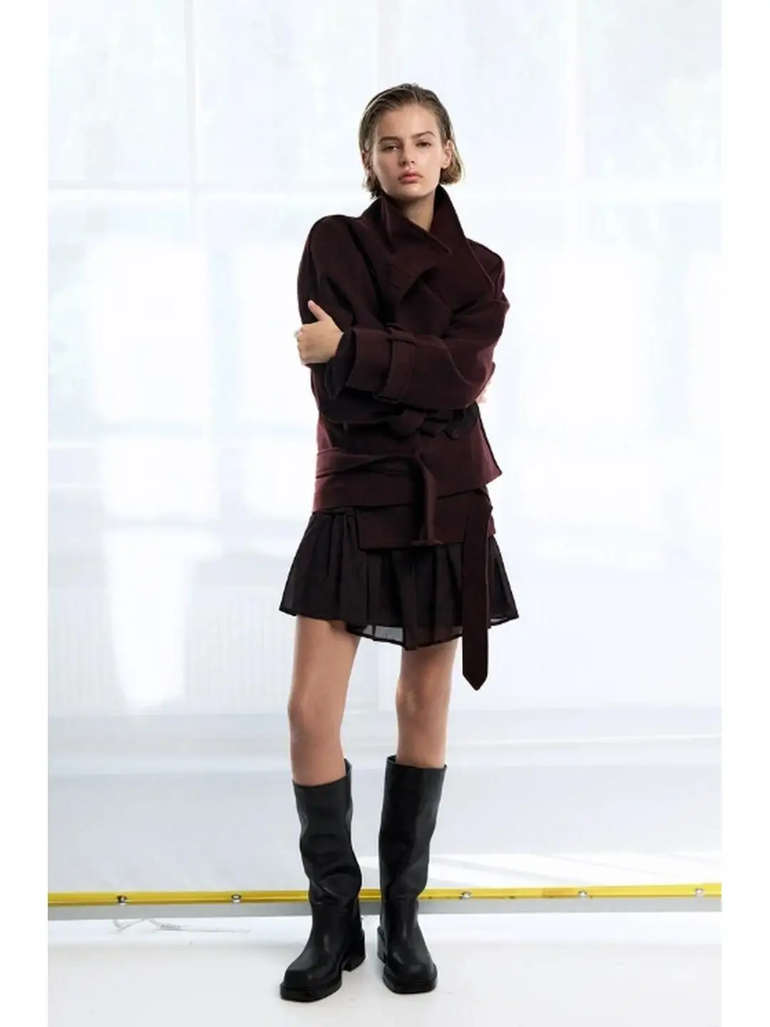 Casual Style Double Breasted Waist Belt Decorative Chimney Collar Oversized Coat Autumn Collection Fashionable Female Outerwear