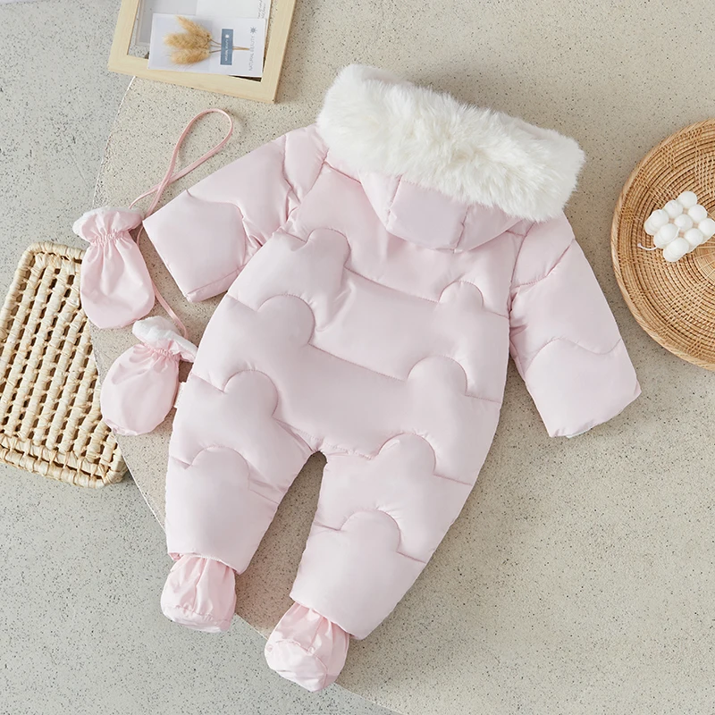 Suefunskry Newest Baby Winter Snowsuit Romper Hooded Puffer Outwear Warm Down Zipper Jumpsuit Coat with Gloves and Foot Covers