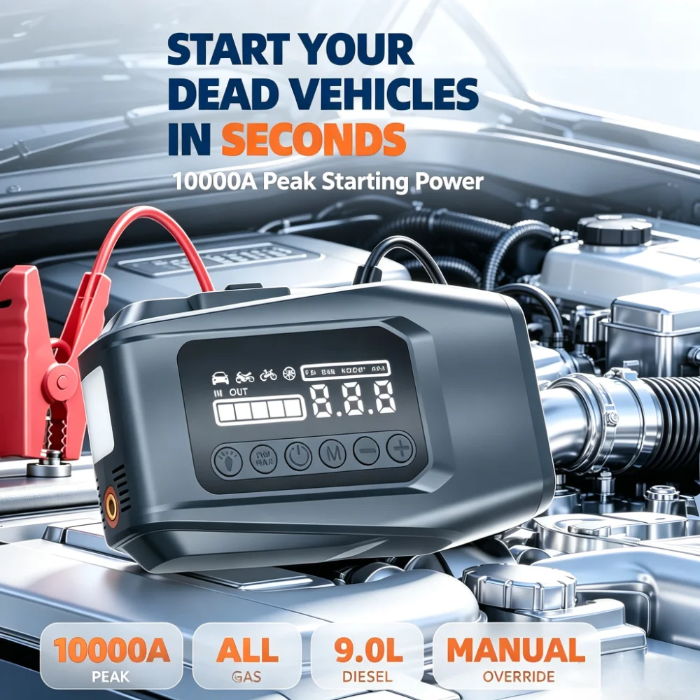 8000A Peak Jump Starter 12V with 150PSI Air Pump, 10-in-1 Car Emergency Power Pack with LED Light Fit 9.0L Gas / 6.5L Diesel Car