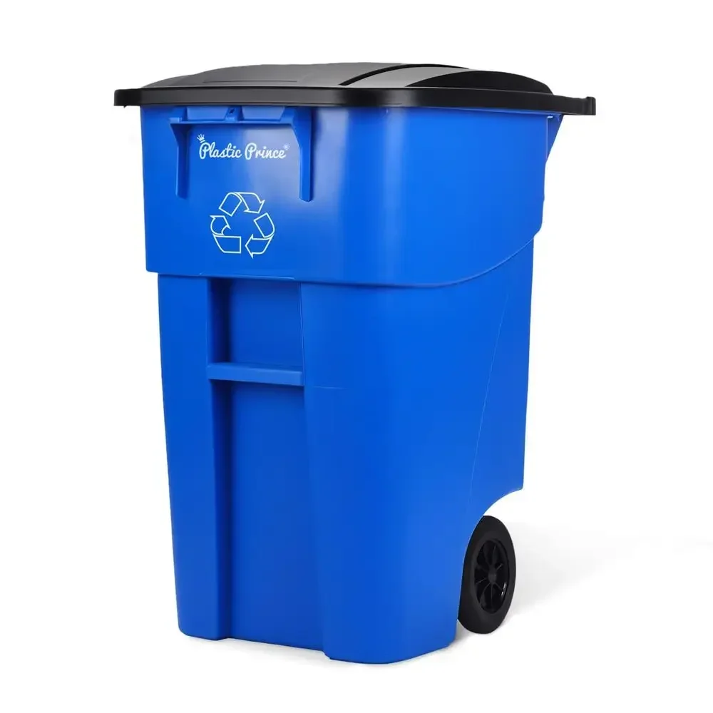 

50 Gallon Blue Wheeled Outdoor Trash Can with Lid for Recycling and Waste Storage