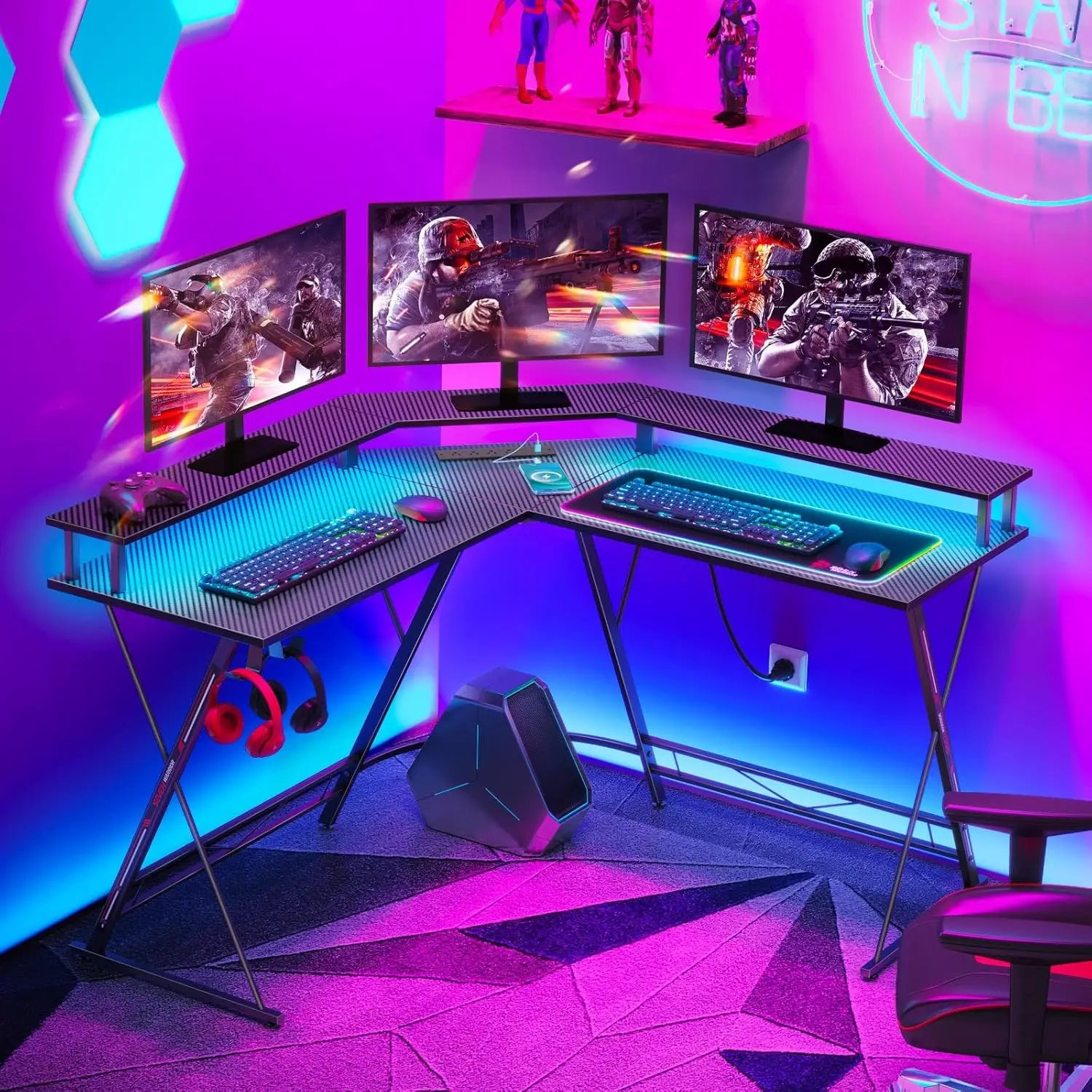 L Shaped Gaming Desk with LED Lights & Power Outlets,Corner Desk with Carbon Fiber Surface, Gaming Table with Hooks, Black