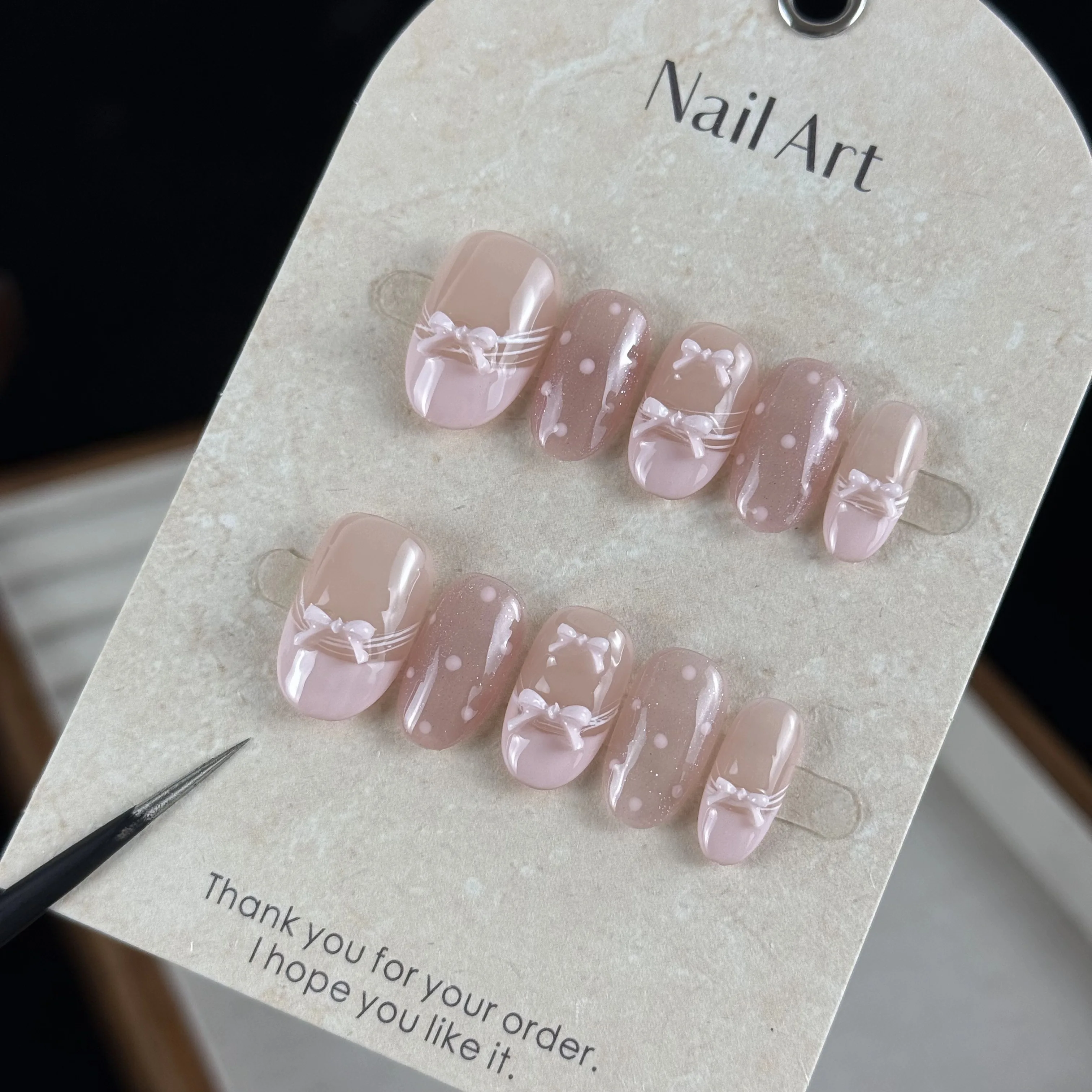 10pcs high-end Cute girl style, hand-painted three-dimensional bow, dazzling pink cat eyes handmade fake nails