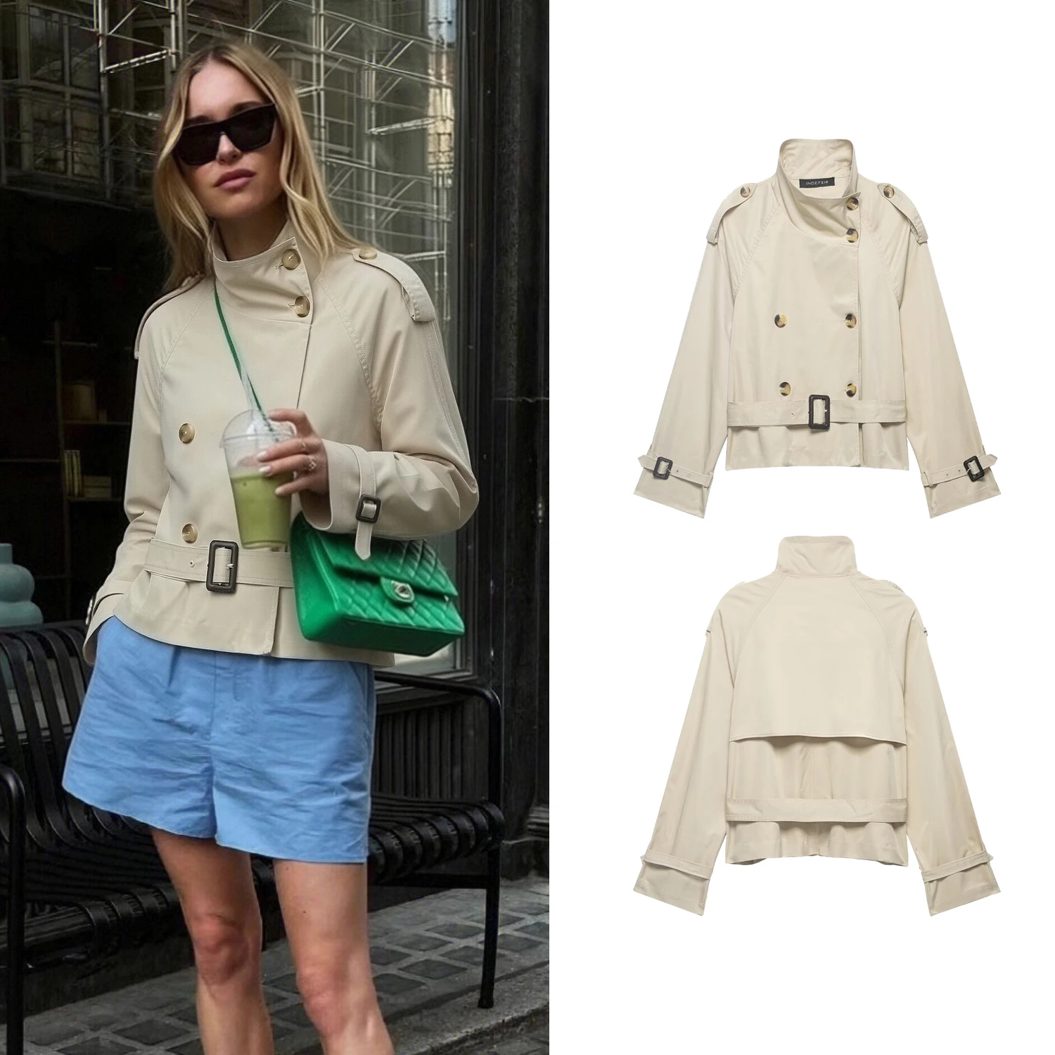Vintage Women Trench Coat Double Breasted With Belt Short Windbreaker Spring Autumn Female Jackets Lady High Neck Chic Coat