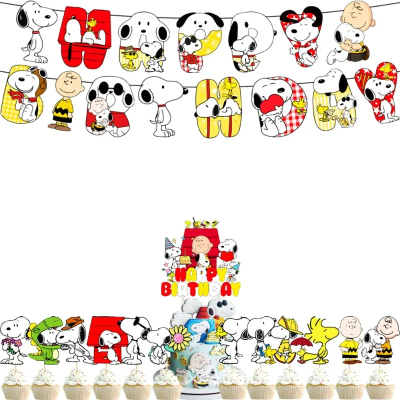 Hot Snoopy Party Supplies Set Flag Pulling Balloons Cake Topper for Happy Birthday Cupcakes Decoration Shower Party Gift New