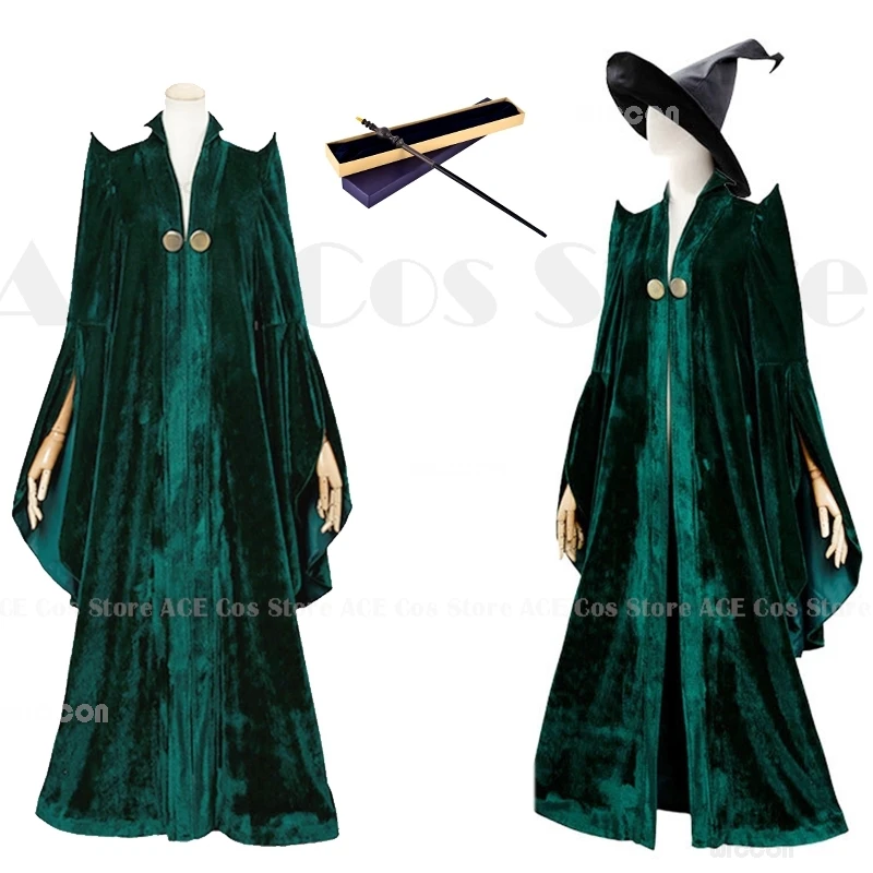 Professor Minerva Pro. McGonagall Cosplay Costume Witches Dress Green Robe Magic Cape Velvet Role Play Cloak Halloween Dress Up