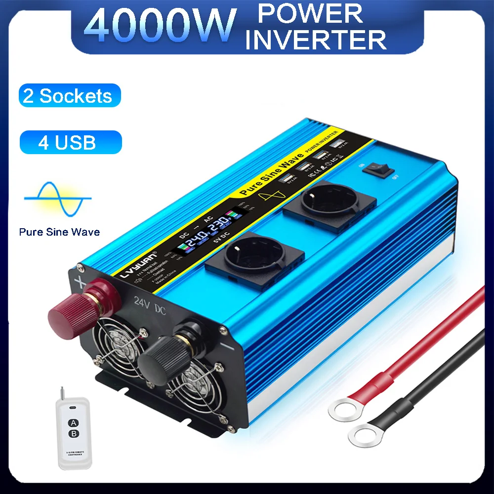 DC 12V/24V TO AC 110V 220V Power Inverter 4000W Pure Sine Wave Inverter 50Hz/60Hz LCD Display 4USB Car Converter Multiple Socket