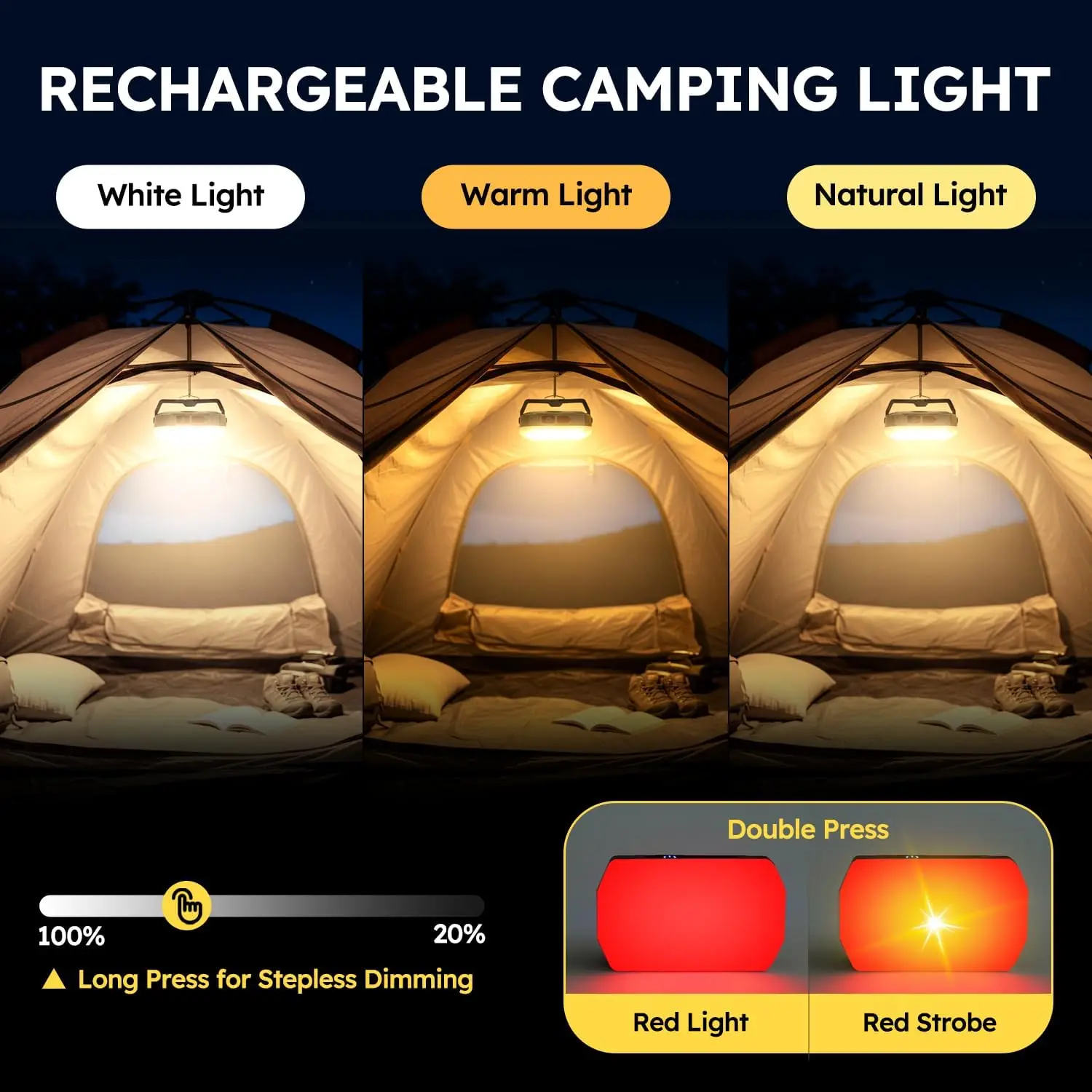Camping Lights Rechargeable LED Camping Lantern 3 Lighting Color Dimmable Portable Work Light With Magnetic For Emergency