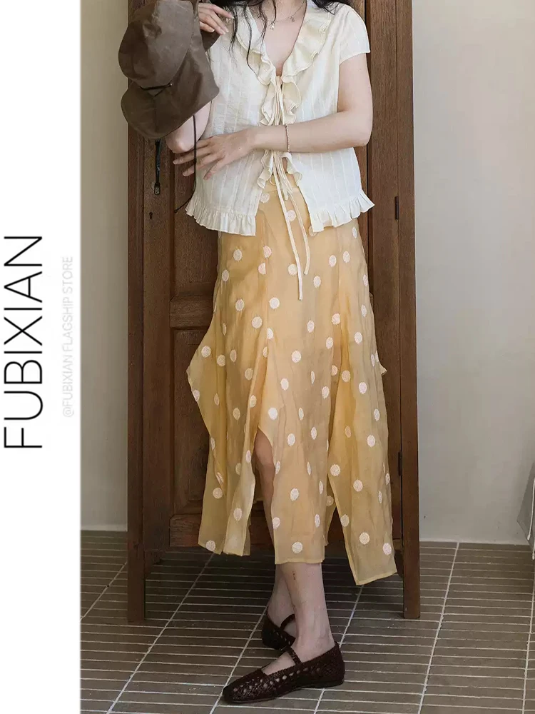 Summer Design Salted Cheese Artistic Dot Half Skirt Women's Uneven Yellow Transparent Asymmetrical  Skirt High Waist A-Line