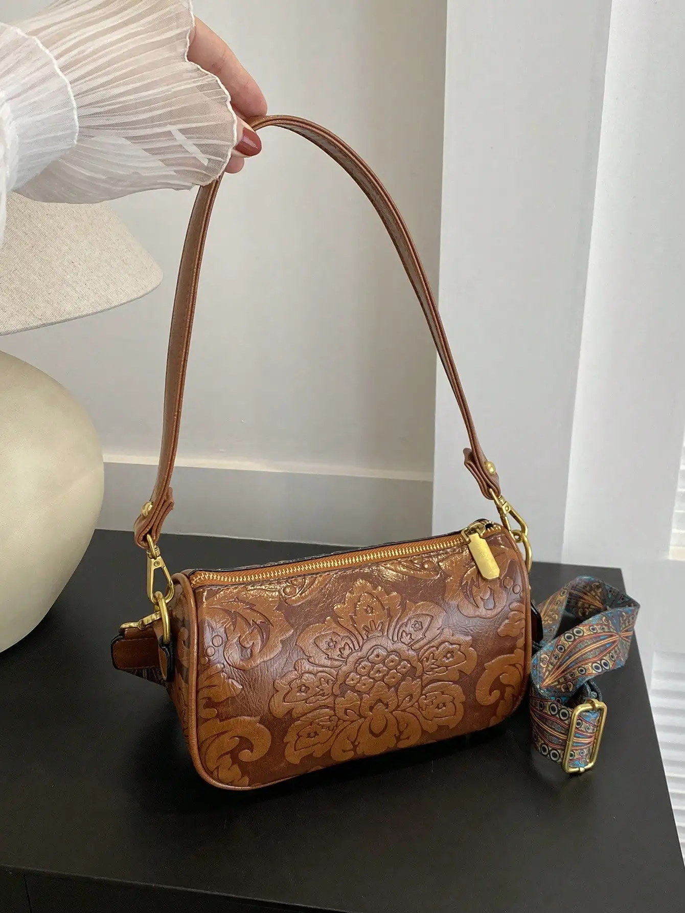 

Brown Embossed Floral Pattern Leather Crossbody Bag with Detachable Strap