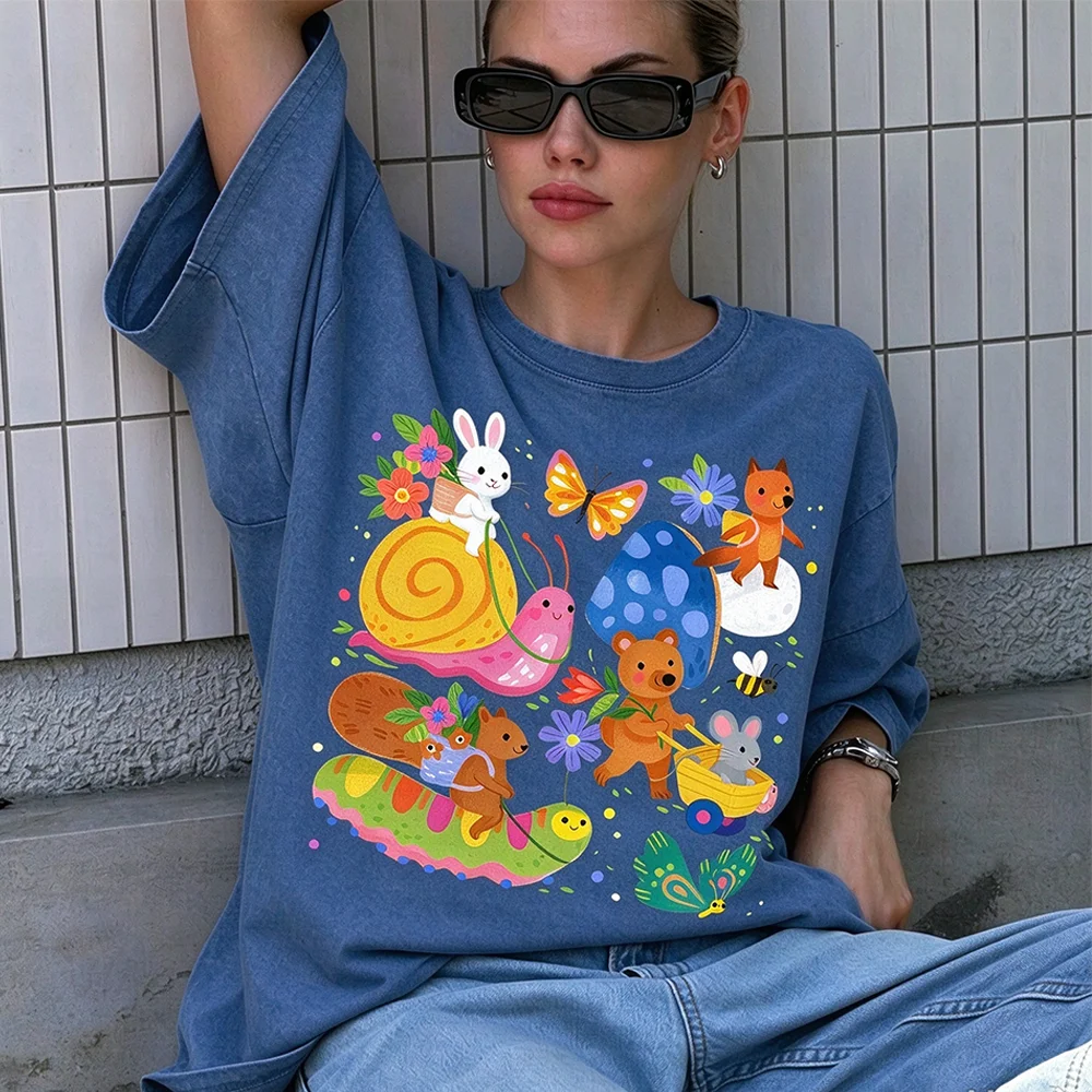 Forest Creatures Graphic T-Shirt Women Men Cottagecore Aesthetic Oversized Vintage Wash Short Sleeve Animal Floral Casual Tee