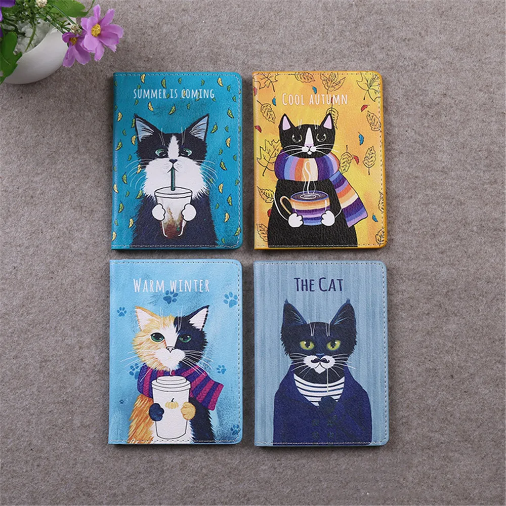 Cartoon Animal Cat Travel Passport Cover Women Men Passport Credit Card Holder Case PU Leather Business Card Passport Wallet