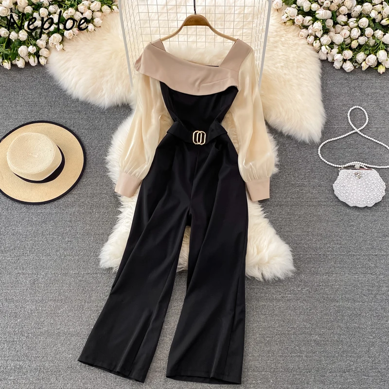 Neploe Fashion Long Sleeve Skew Collar Lotus Woman Jumpsuit Spring Autumn 2025 Hign Waist Pants Female Straight Jumpsuits Women