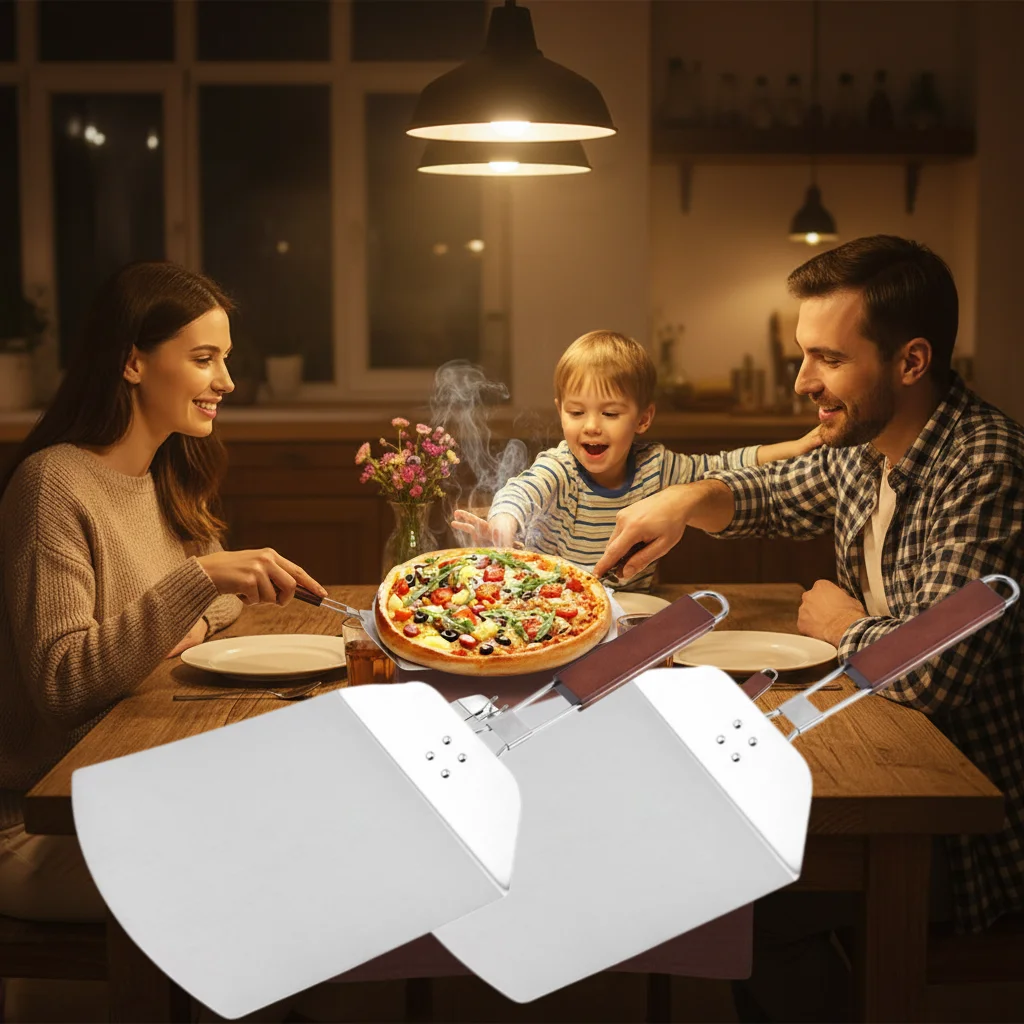

Stainless Steel Folding Pizza Shovel Cake Shovel Red Rubber Wooden Handle Foldable Baking Transfer Pizza Tool Shovel