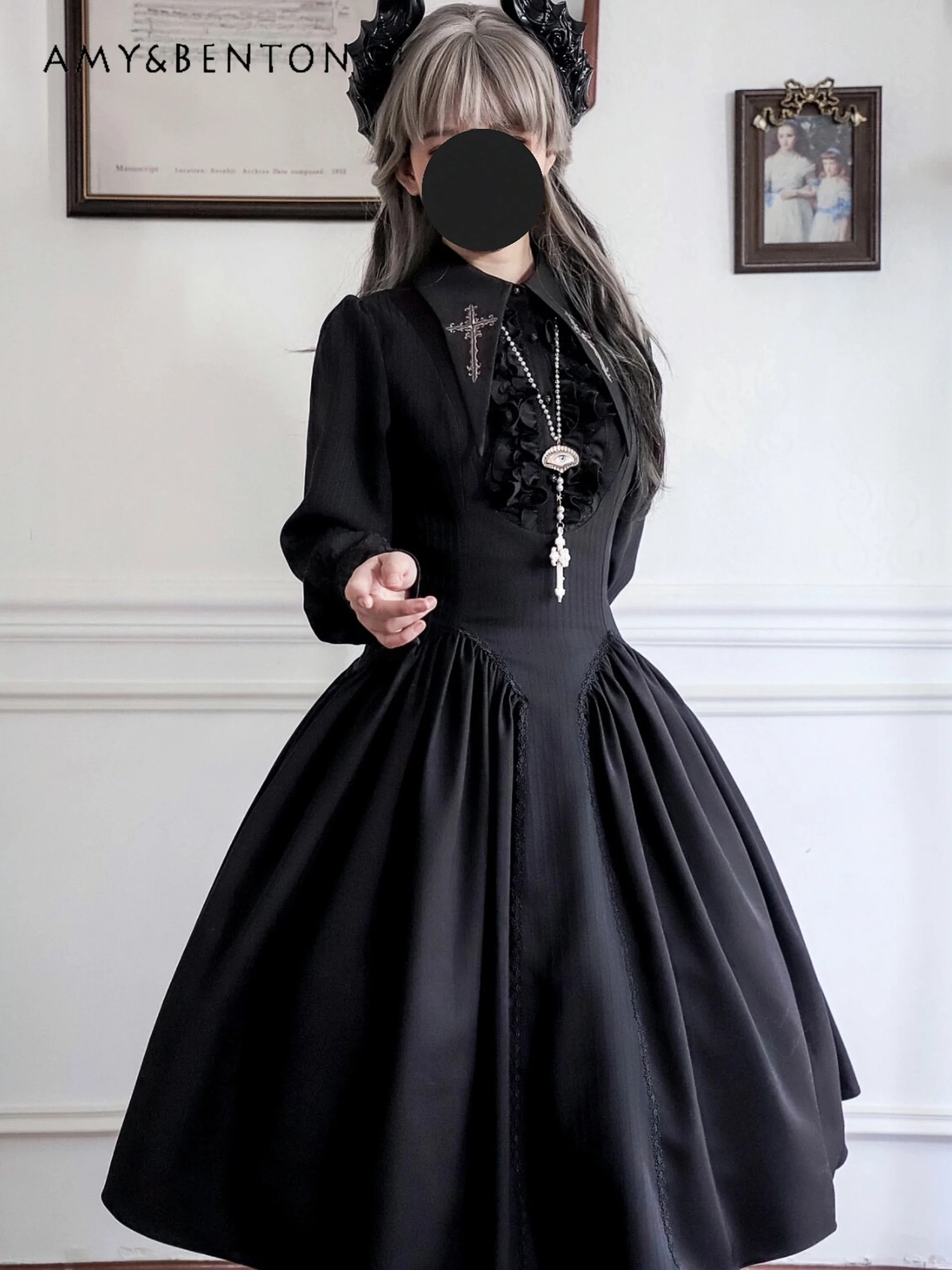 

Subculture Lolita Dark Goth Dress Autumn and Winter New Harajuku Embroidered Lapel Long Sleeve Slim Mid-length Dress for Women