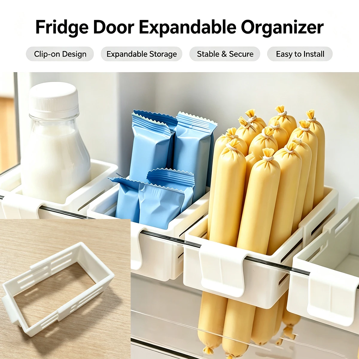 White Clip-On Extendable Refrigerator Hanging Storage Box, Refrigerator Partition Expansion Storage Basket, Household Food, Snack, and Seasoning Compartment Storage Rack