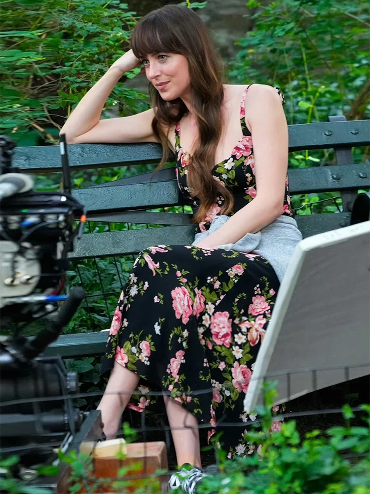 

Naturaleye Vintage Floral Print Midi Dress Sleeveless Women's Summer Dress Waist-Cinching Gown Casual Commute Style Dress