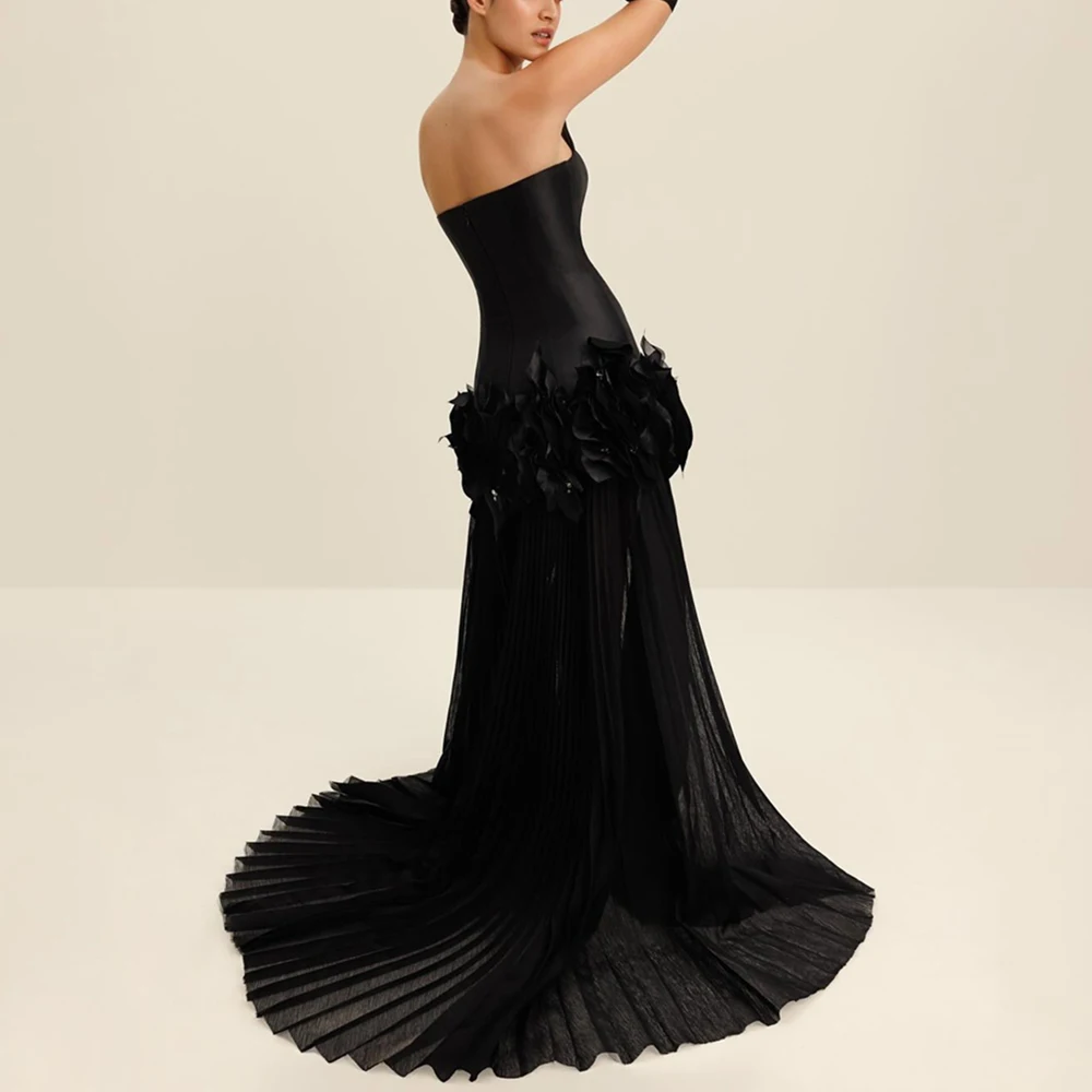 Exquisite Pleats Appliques Pearls Detachable Sleeves Evening Dresses Graceful Sweetheart Satin Black Party Gowns فساتين سهرة