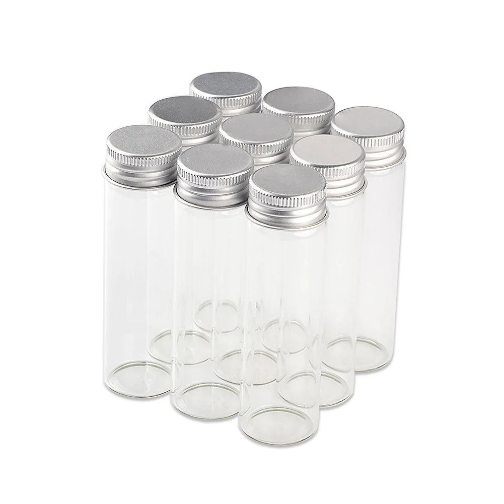 

50PCS 10ml 15ml 20ml 25ml 30ml 40ml 50ml 100ml 110ml Clear Glass Bottles with Silver Aluminium Screw Cap Cute Jars Vials DIY
