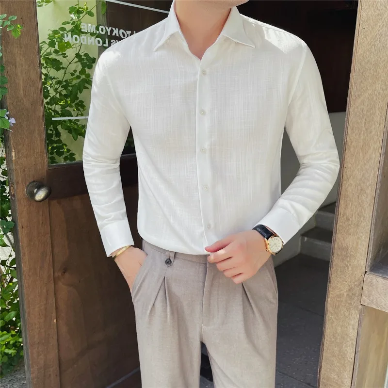 Men's Long Sleeve Shirt Windsor Collar Solid Color Loose Fit Wrinkle Resistant Smooth Drape Business Office Casual Male Tops