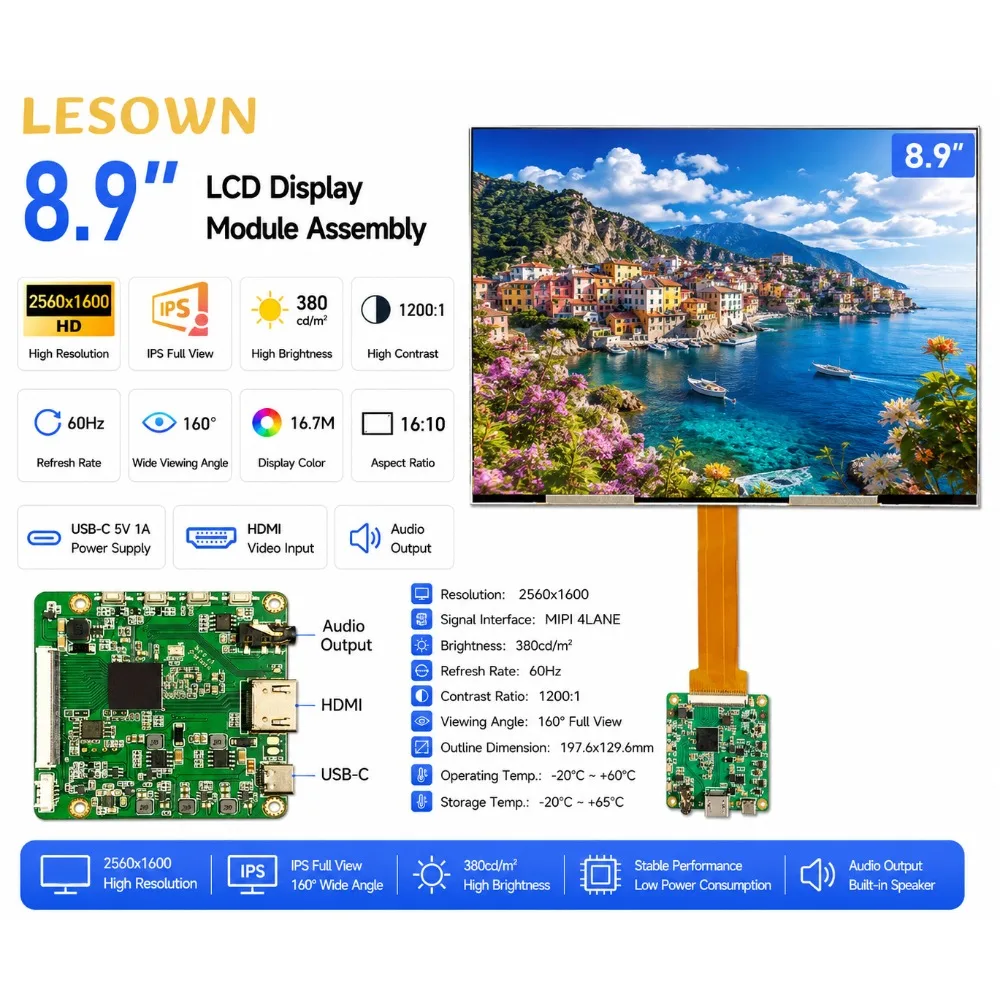 LESOWN 8.9 inch USB C Module LCD Display Screen 2560x1600 IPS HD Full Colorful HDMI Display for Visual Doorphone Car Screen