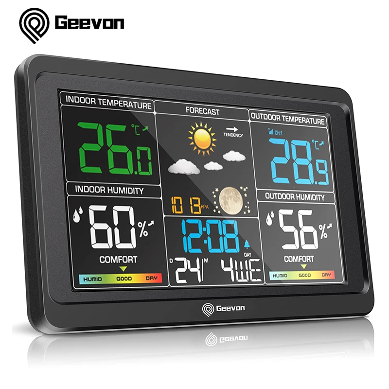 Geevon-Estación Meteorológica Inalámbrica para interiores y exteriores, termómetro con pantalla a Color, barómetro, calendario, retroiluminación