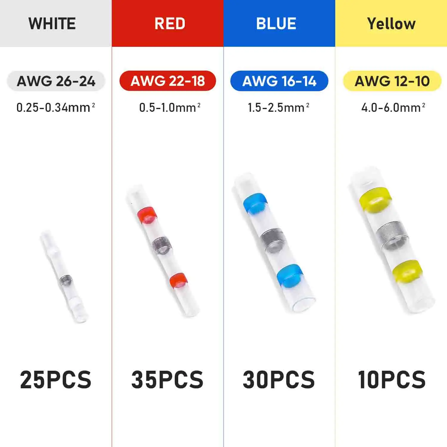 Waterproof Solder Seal Wire Connectors Kit Heat Shrink Butt Splice Terminals Solder Sleeves for Cable Repair 0.25-6mm2 Wiring