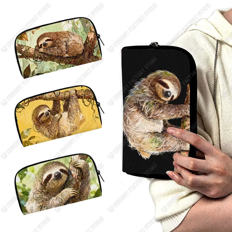 Cute Animal Sloth Graphic Pattern Long Wallet Women Purse Ladies Credit Card Earphone Holder Coin Money Bag Purse