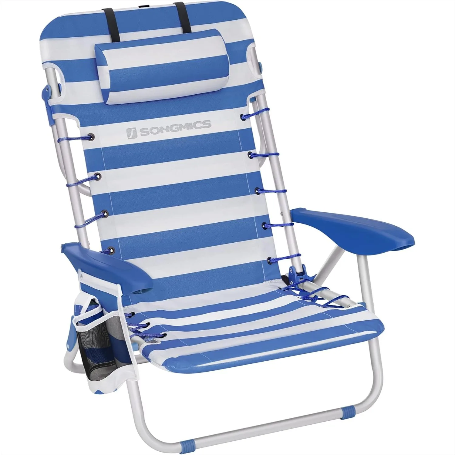 

Portable Beach Chair 331 lb Capacity, 4-Position Reclining Backrest, Side Pockets & Towel Bar, Blue White