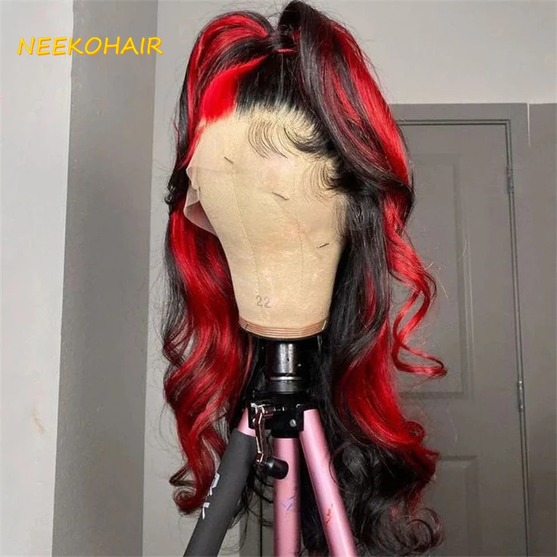 13x6 Lace Frontal Wig Half Black Half Red Split Two Tone Cosplay Wig Long Wave Bicolor Wigs Human Hair Wig For Women