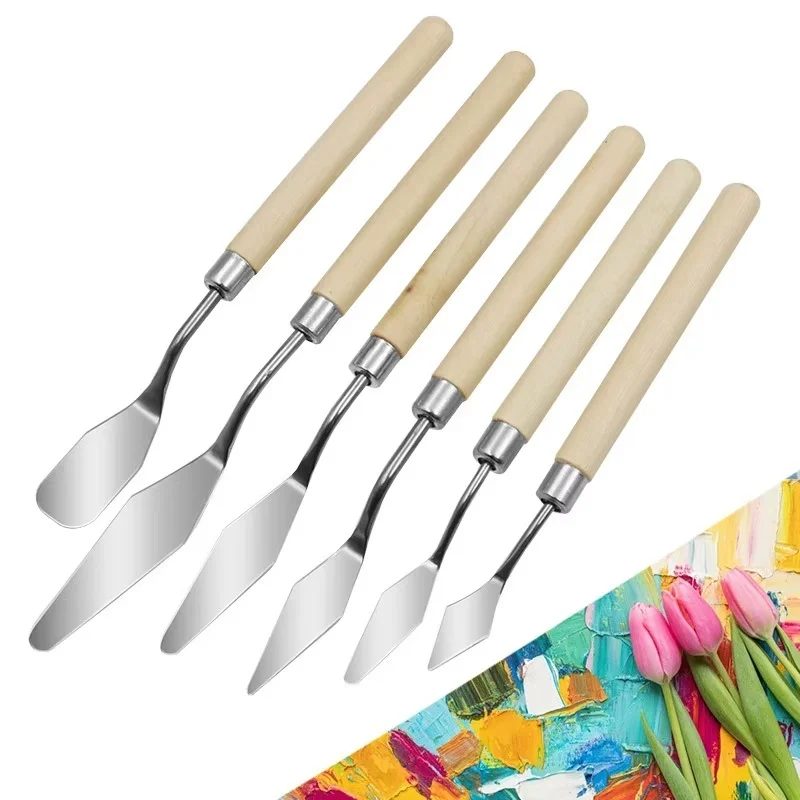Watercolor Mixed Art Oil Painting Scraper Set Wooden Handle Stainless Steel Knives Gouache Paint Pigment Mixing Knife Hand Tool