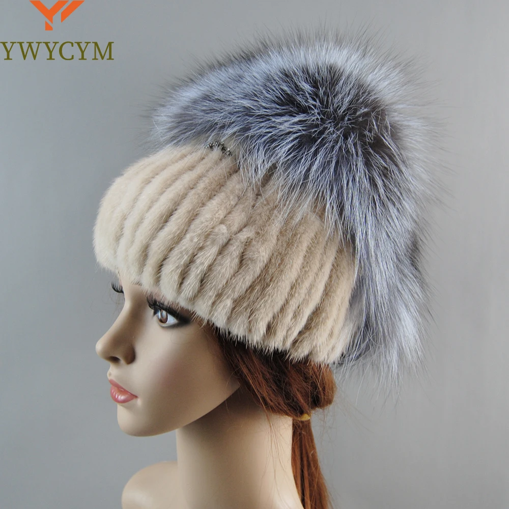 

Women Winter Mink Fur Hats Knitted Real Mink Silver Fox Fur Caps Female Russian Warm Beanies Hat Women's Fur Hat