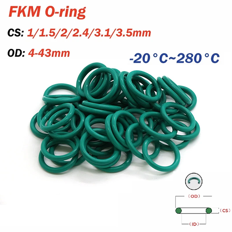 FKM Green Fluorine Rubber O-Ring CS 1/1.5/2/2.4/3.1/3.5mm OD:4-43mm O-Rings Sealing Gasket Oil Acid&Alkali Resistant Washer