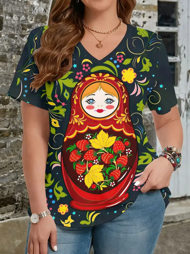 Matryoshka Doll 3D Print Russian Style T-Shirts Women's V-Neck Short Sleeve T Shirt Y2k Harajuku Tees Casual Top Female Clothing