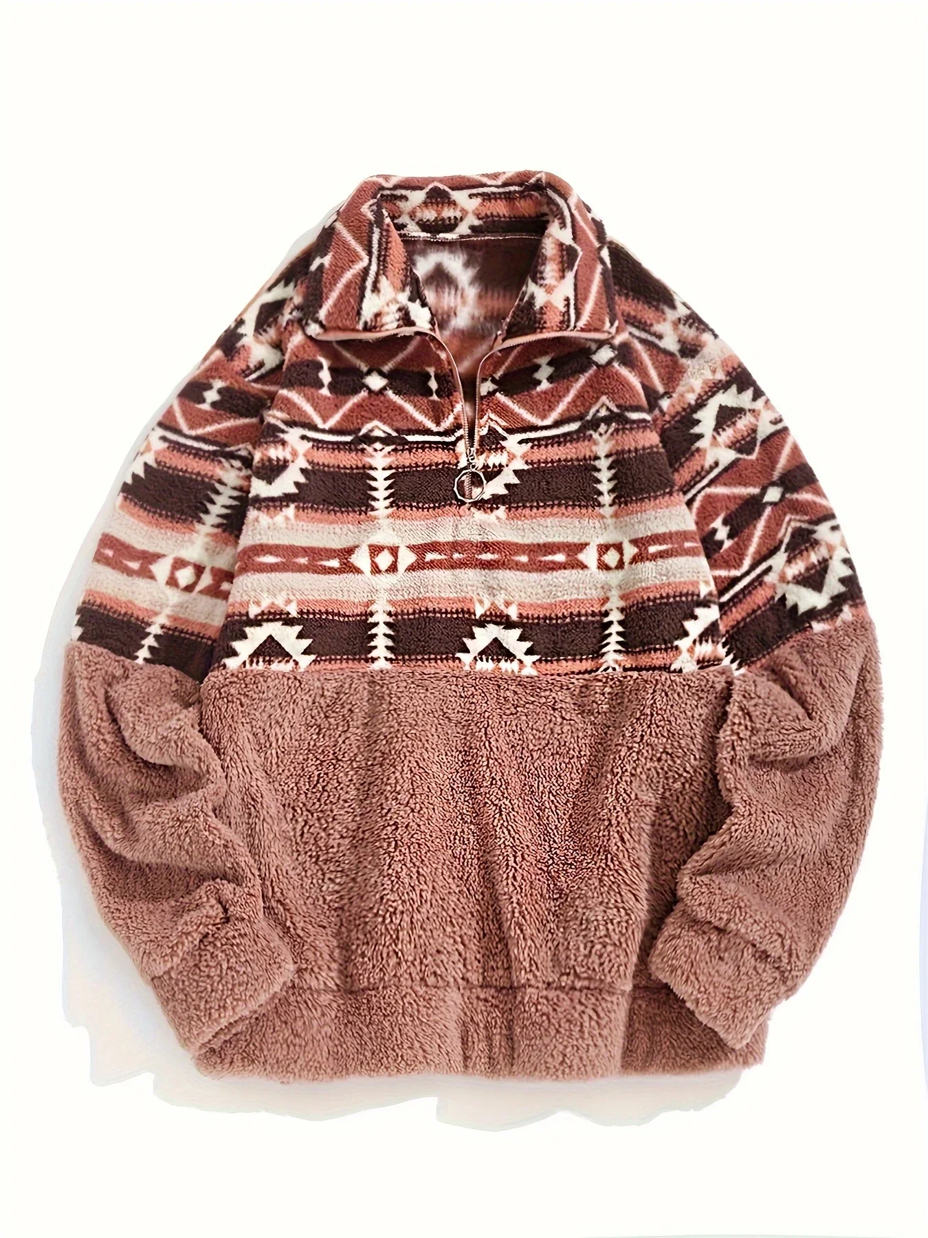 

European and American fashion new Aztec geometric zipper design Teddy Harajuku casual retro comfortable cotton sweater for women