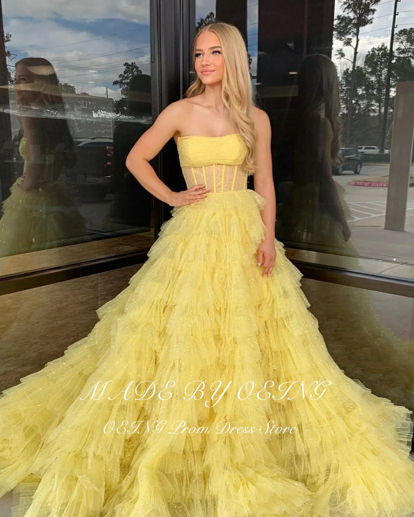 OEING Chic Yellow A-Line Prom Dresses Elegant Strapless Princess Tulle Tiered Evening Dress Formal Gown Vestidos De Novia