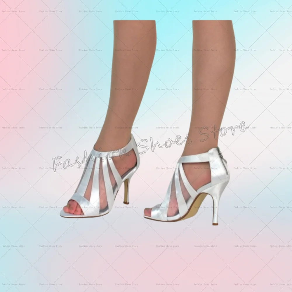 

White Hollow Out Satin Back Zipper Sandals Peep Toe Women Shoes Thin High Heels Party Banquet Dating 2025 Zapatos Para Mujere