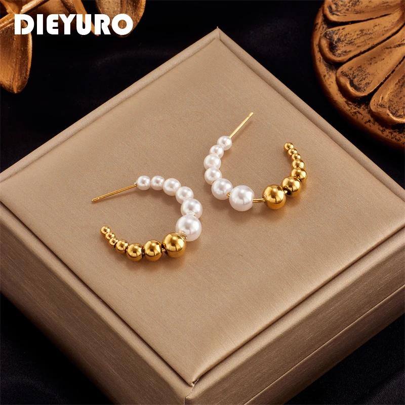 

DIEYURO 316L Stainless Steel Ball Pearl Stud Earrings For Women Fashion Trendy Gold Color Ear Jewelry Party Wedding Gift серьга