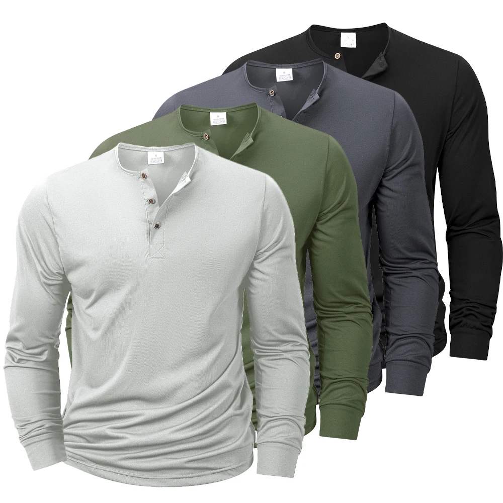 New Men's Henley T-shirts Long Sleeve Basic Casual Band Collar T Shirts Comfortable Soft Pullover Tops Male Tee