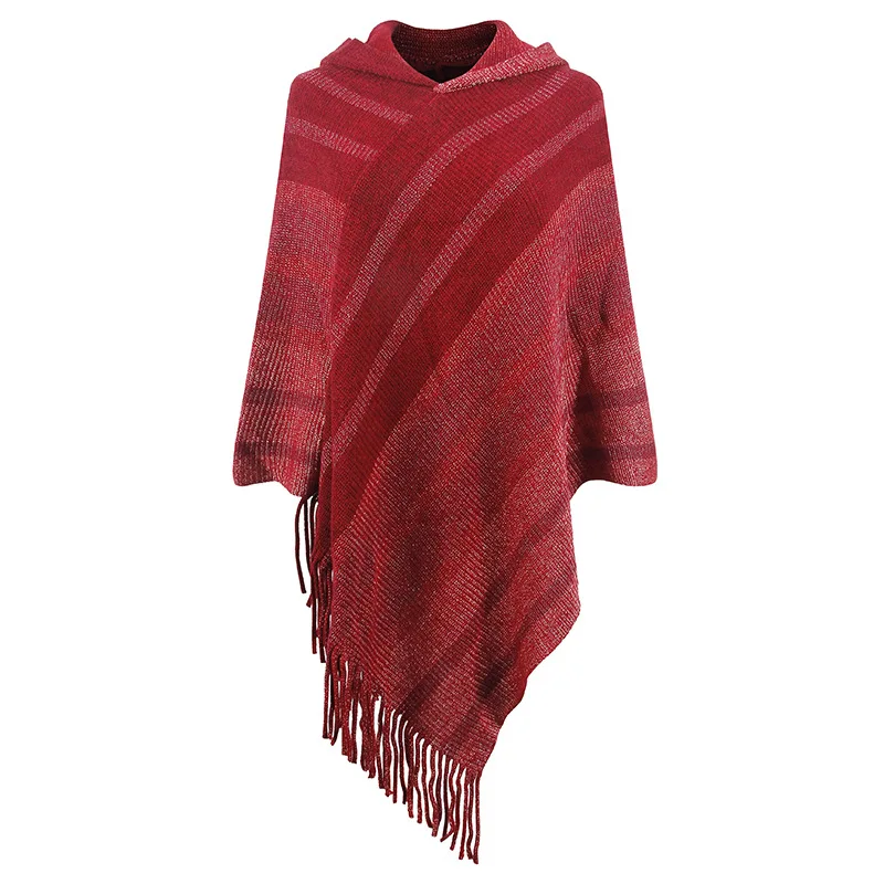 

Poncho Cloak Knitted Tassel Shawl Cape Women's Autumn and Winter New Striped Hooded European and American Lady Scarves Coat Red