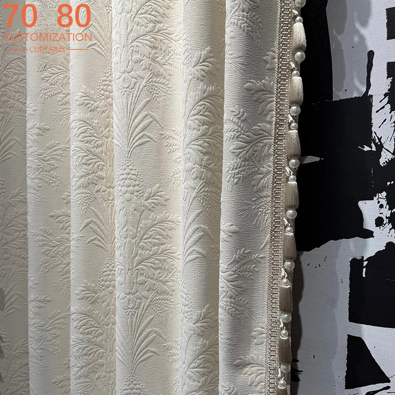 New Green Cream White Chenille Jacquard Curtains for Living Room Bedroom French Window Customized Finished Partition Curtain