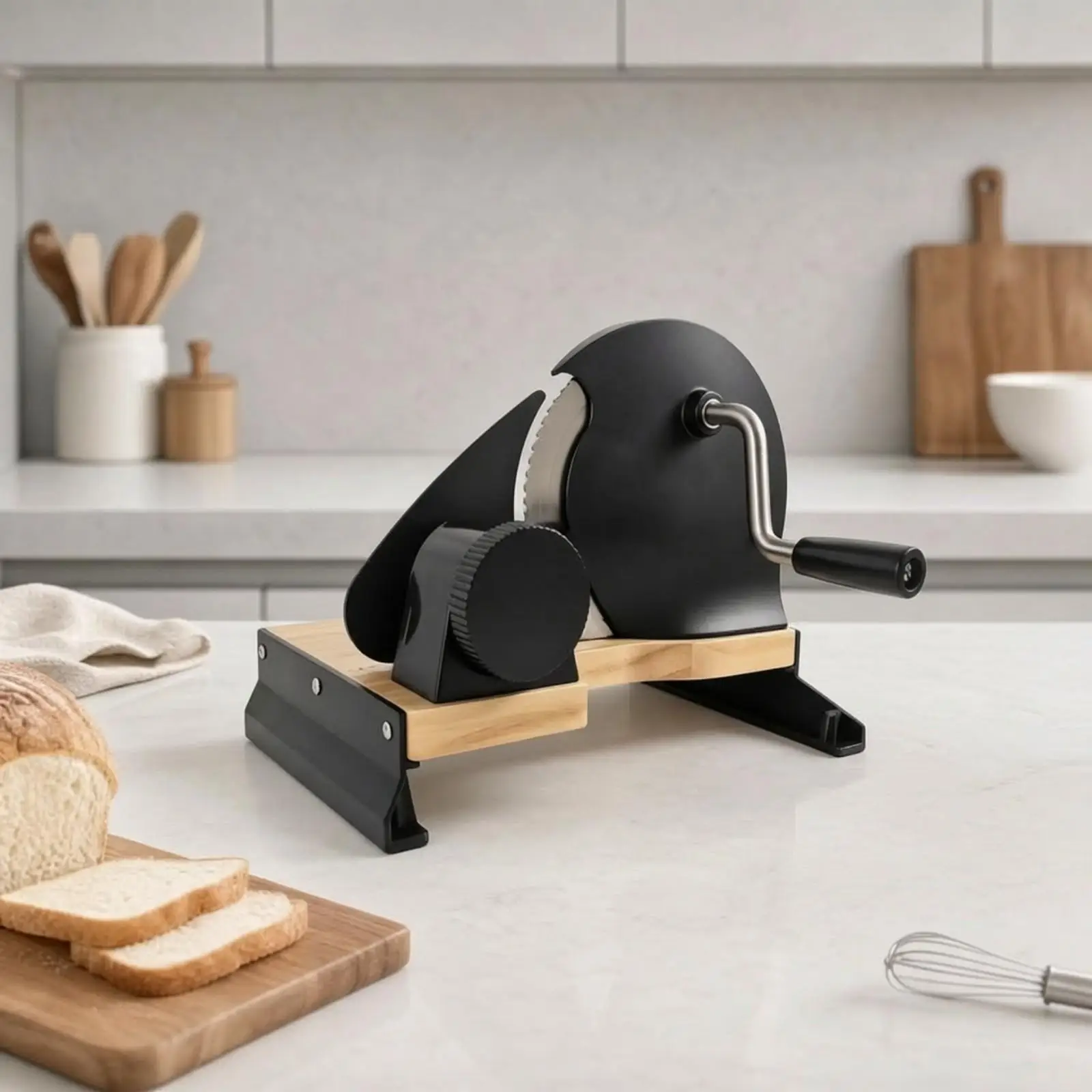 Manual Bread Slicer with Solid Wood Base Stainless Steel Serrated Blade Adjustable Thickness for Homemade Toast