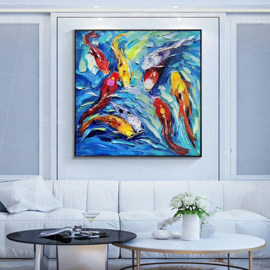 Koi Fish Oil Painting on Canvas Hand Painted Palette Knife Big Oil Painting Blue Red Large Wall Art Heavy Texture Art Home Decor