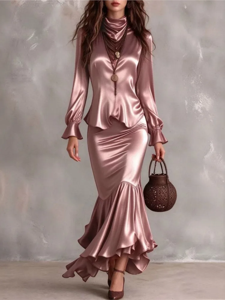Women Solid 2 Piece Outfit Set Turtleneck Long Sleeve Flared Hem Top High Waist Ruffle Mermaid Skirt Elegant Party Matching Suit