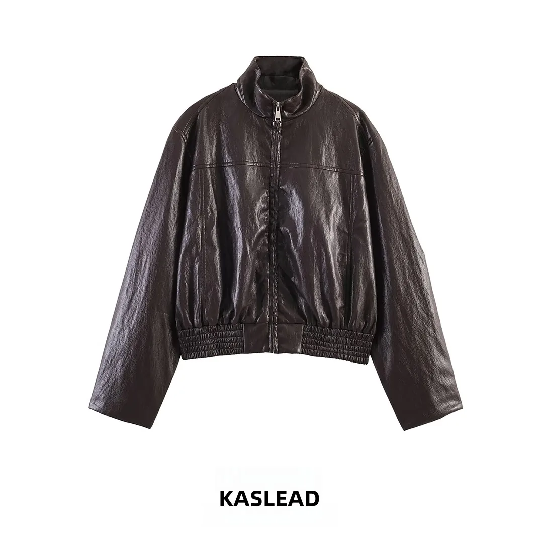 

KASLEAD New Fashionable Leatherette Short Pilot Jacket Women's Outerwear 6318041 Zipper Closure Long Sleeve Polyester Fiber