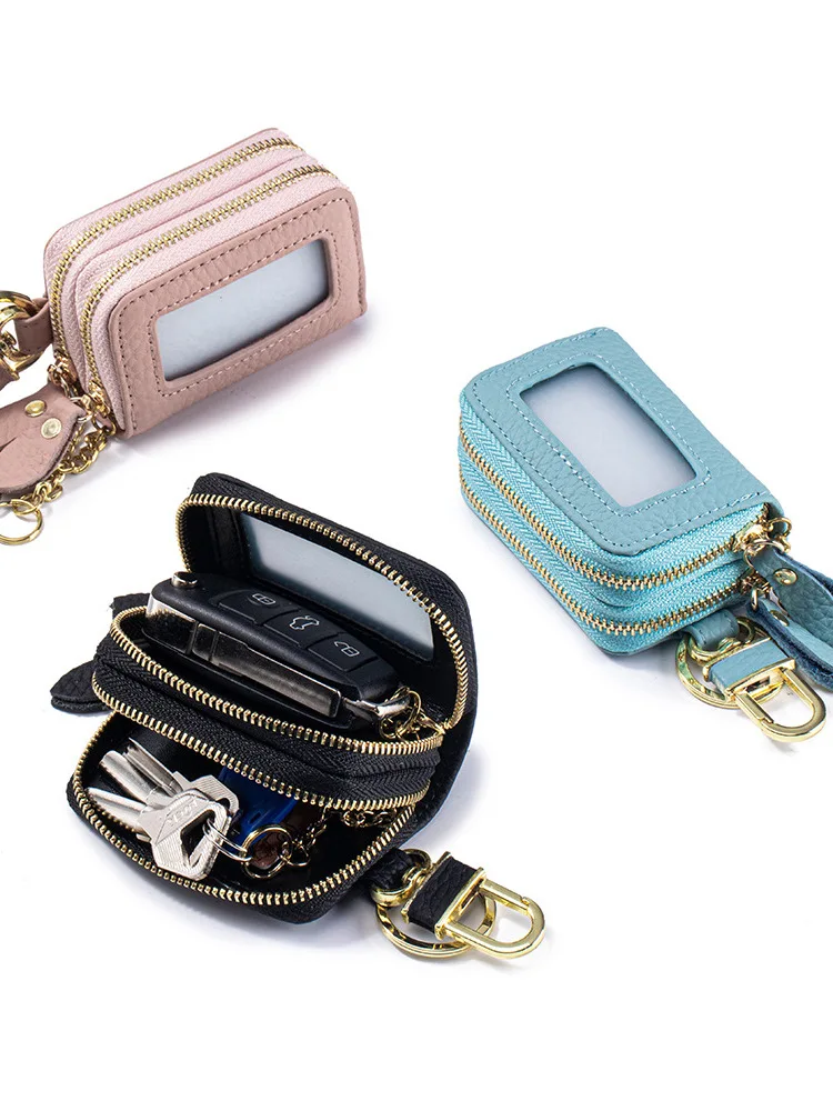

Новая сумка для ключей из натуральной кожи с двойной молнией, поясная подвесная сумка для хранения, портативная сумка-держатель для ключей из воловьей кожи с верхним слоем